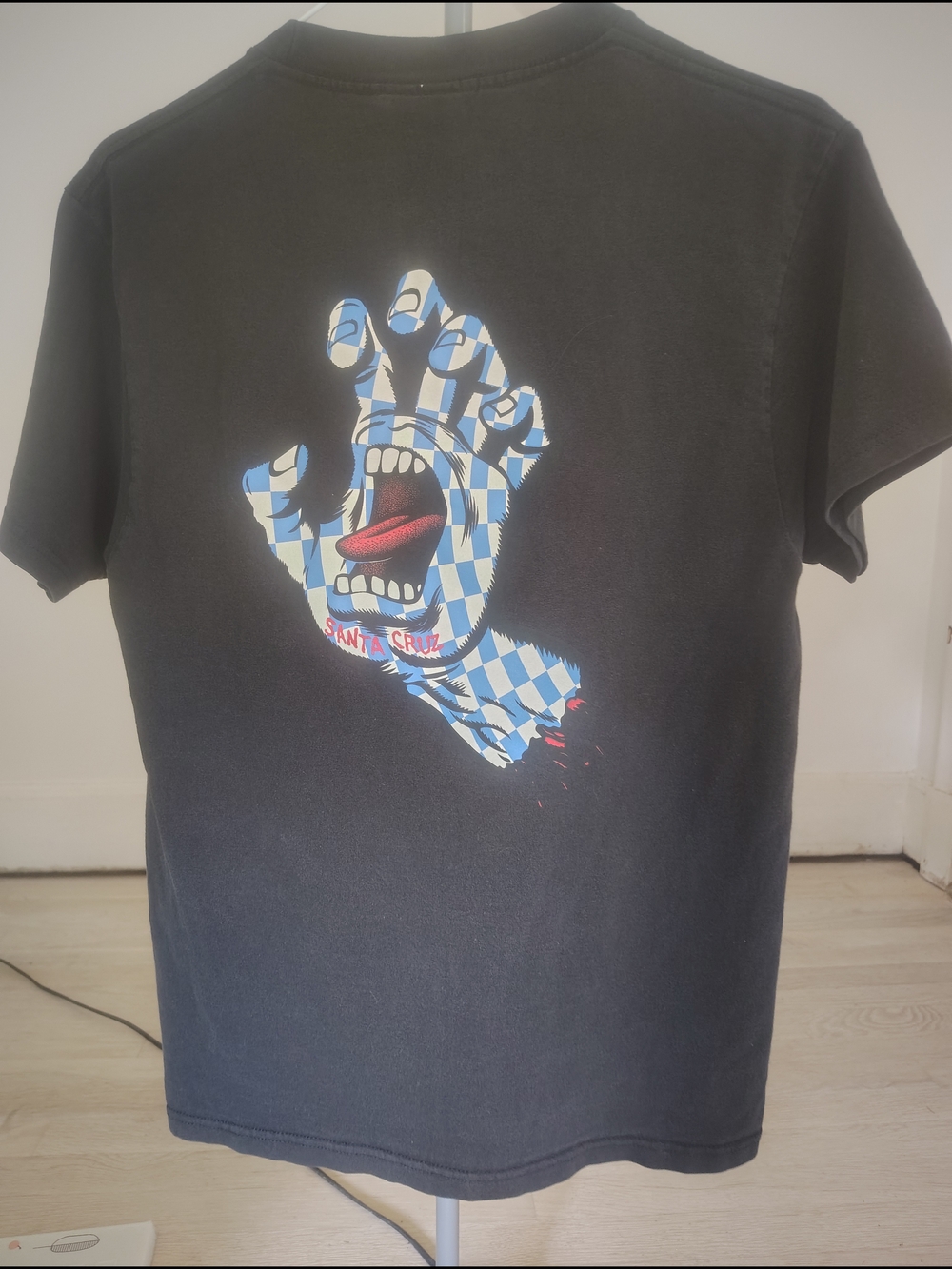 Santa Cruz Skateboards Black Tee with Blue & White Checker Screaming Hand